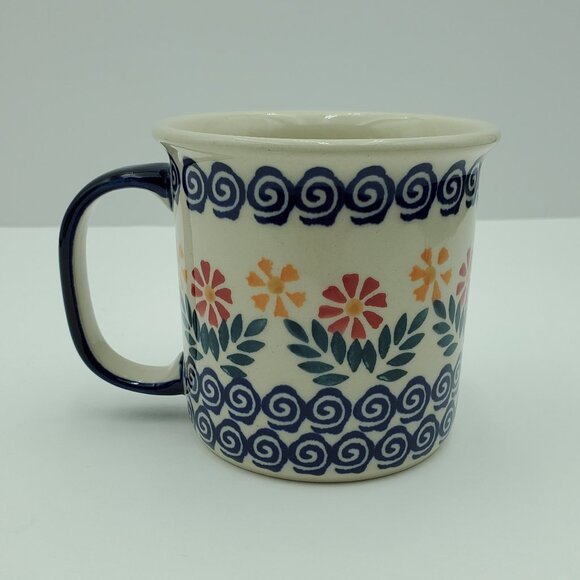 Polish Pottery Garden Bouquet Mug Red Yellow Gold Daisy Blue Swirl Mug - Picture 2 of 8